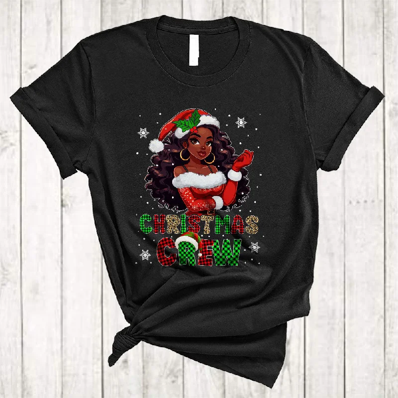 Christmas Crew, Adorable Christmas Plaid Black Women African American Santa, X-mas Group T-Shirt Collared Crew Neck Turtle Neck