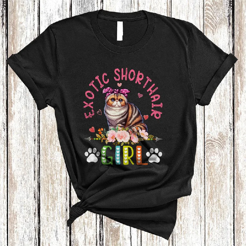 Exotic Shorthair Girl, Amazing Floral Kitten Lover Hearts Flowers, Matching Girls Women Family T-Shirt Fleece Nylon Spandex