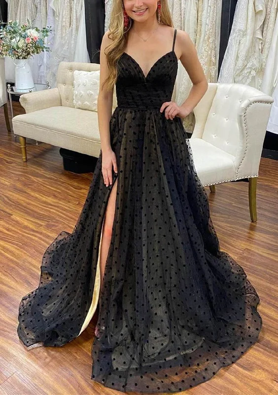 A-line Prom Party Dress V Neck Straps Sweep Train Black Dotted Tulle, Split Tunics Handmade artisanal