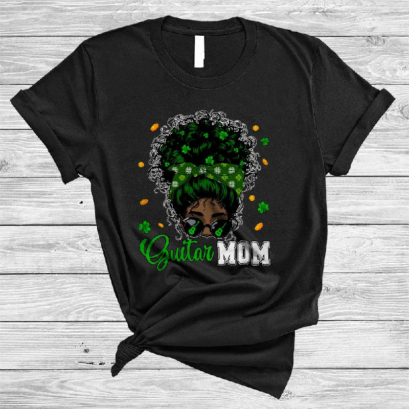 Guitar Mom, Cool St. Patrick's Day Messy Afro Bun Hair Women, Black African Musician Shamrock T-Shirt Zippered Buttoned Snapped