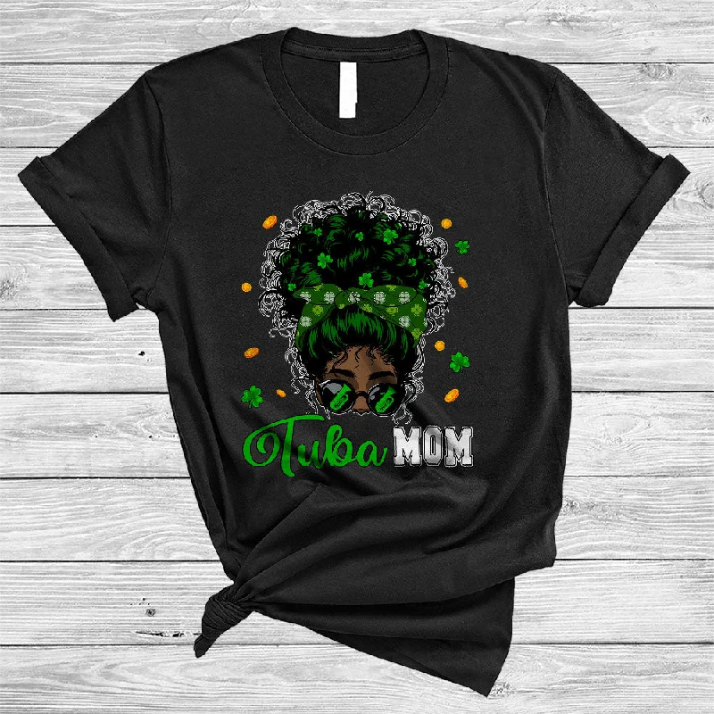 Tuba Mom, Cool St. Patrick's Day Messy Afro Bun Hair Women, Black African Musician Shamrock T-Shirt Collared T-Shirt Boat Neck A-Line