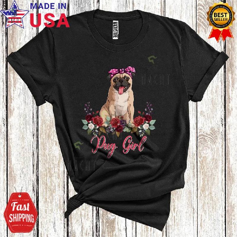 Pug Girl Cute Cool Mother's Day Flowers Floral Matching Mom Women Pug Owner Lover T-Shirt Knit Fabric Woven Fabric Fleece Fabric