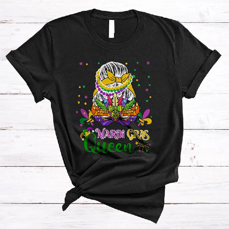 Mardi Gras Queen, Wonderful Mardi Gras Mask Beads Messy Bun Hair, Women Matching Parade Group T-Shirt Spandex Blend Rayon Blend Denim Blend