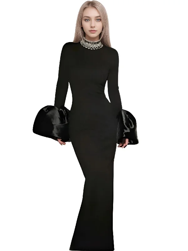 Flare Sleeve Shining Diamond Neck Long Dress Elegant Woman Black Bandage Evening Party Dress Cocktail Party Outfit Tunics Plaid country