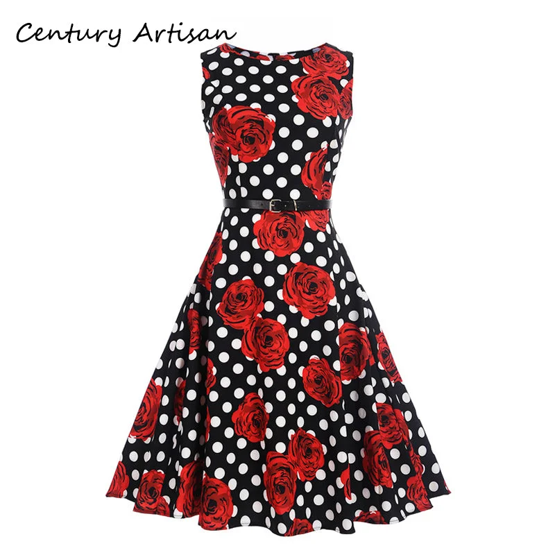CYAN Women Summer Dress 2018 Casual Floral Print Ball Gown Sleeveless Dress Vintage 50s 60s Party Dresses Female Vestidos 2XL Off-the-shoulder Chic Trendy