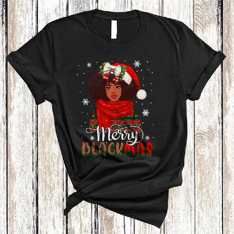 Merry Blackmas, Adorable Christmas Santa African American Girl Women, Black Afro Proud T-Shirt Front Pockets Side Pockets Patch Pockets