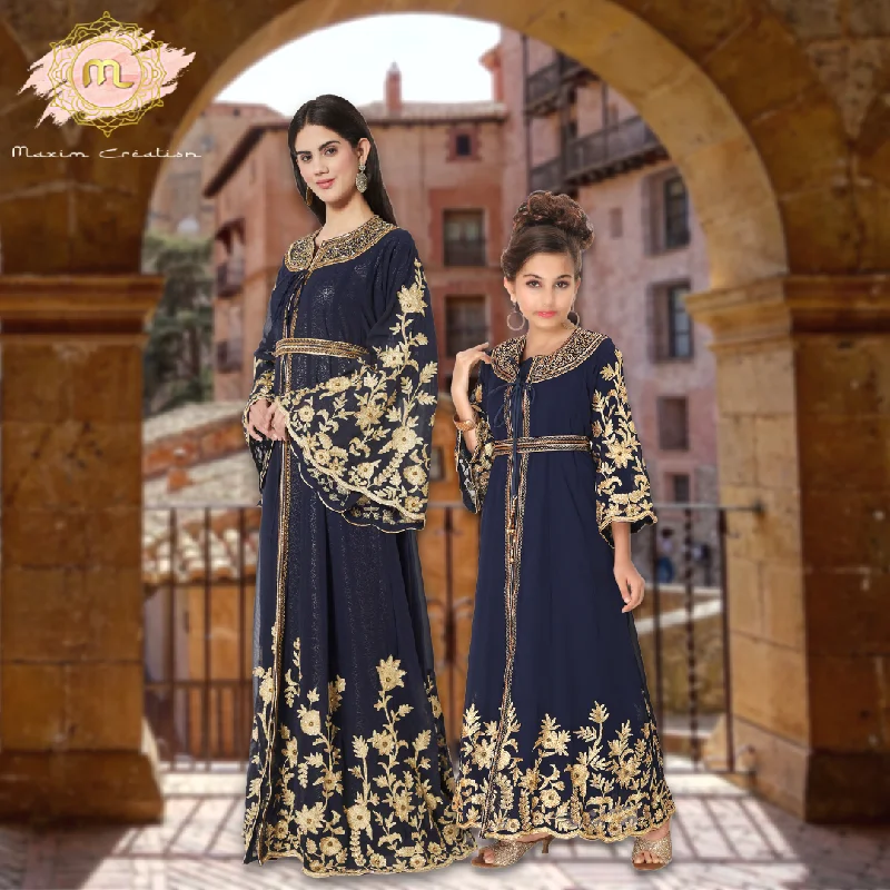 Designer Arabian Kaftan Golden Embroidered Party Dress Tunics Solid Classic