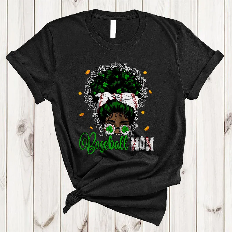 Baseball Mom, Cool St. Patrick's Day Messy Bun Hair Women, Black African Sport Player Family T-Shirt Real Fur Shearling Chenille