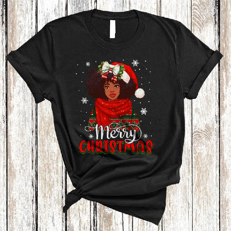 Merry Christmas, Adorable Santa African American Girl Women, X-mas Black Afro Proud T-Shirt Hooded Caped Shawl Collar