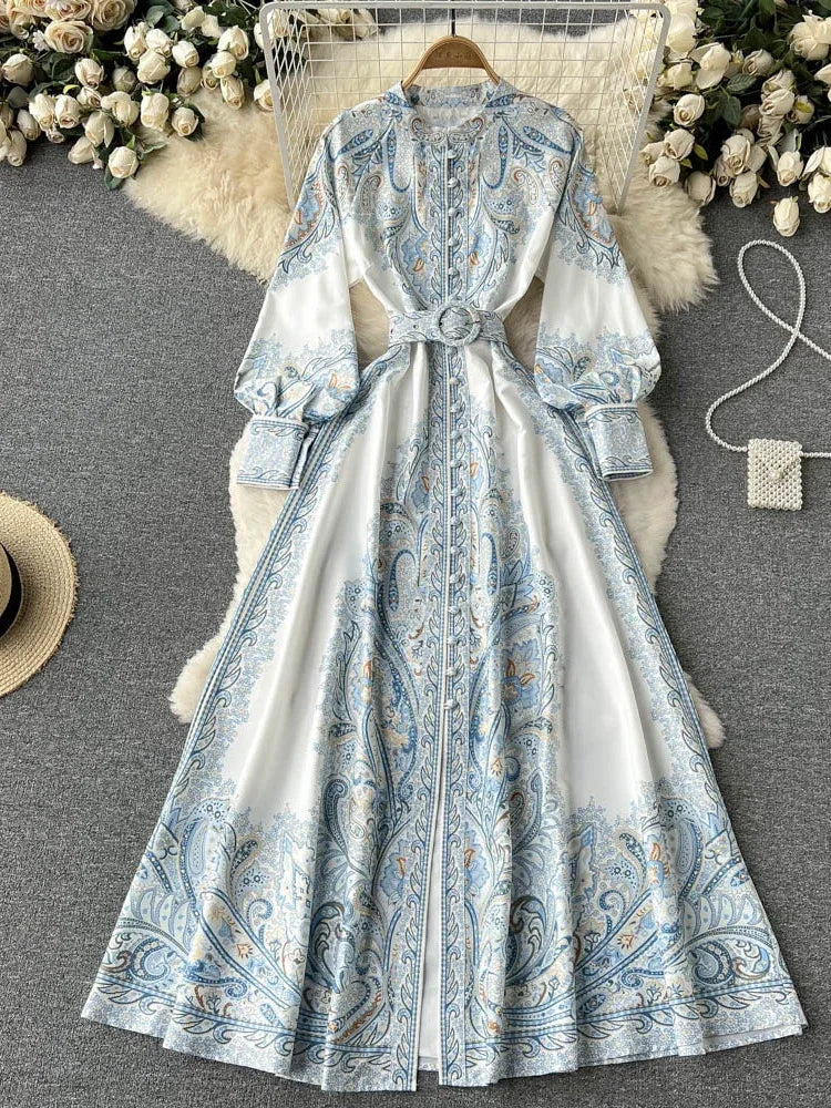 ARWEN & AJH GROUP New Women Vintage Party Dress Fashion Long Sleeve Single Breasted Stand Collar Elegant Printed Long Dresses Spring Autumn Robe Tunics Leisure comfortable