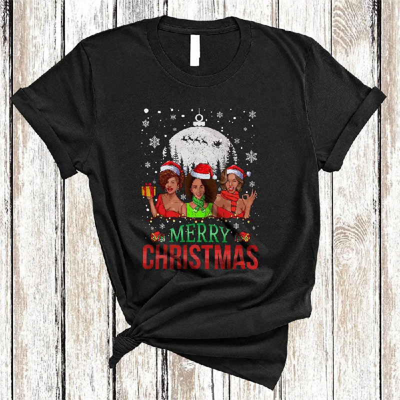 Merry Christmas, Awesome X-mas Three Santa Afro African American Black Women, Matching Group T-Shirt Front Pockets Side Pockets Patch Pockets