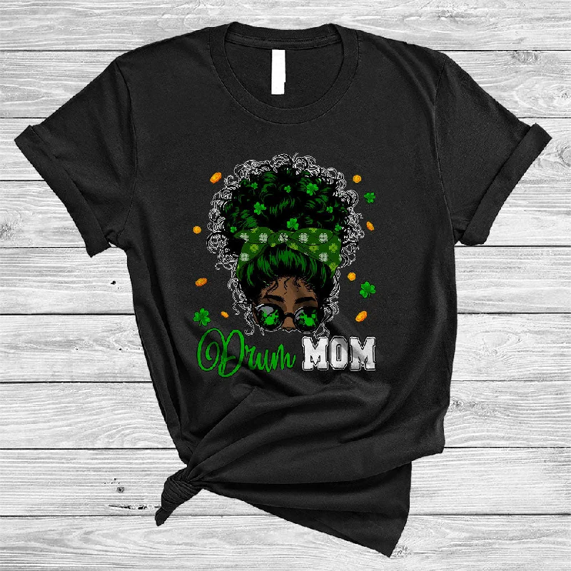 Drum Mom, Cool St. Patrick's Day Messy Afro Bun Hair Women, Black African Musician Shamrock T-Shirt Fleece Nylon Spandex