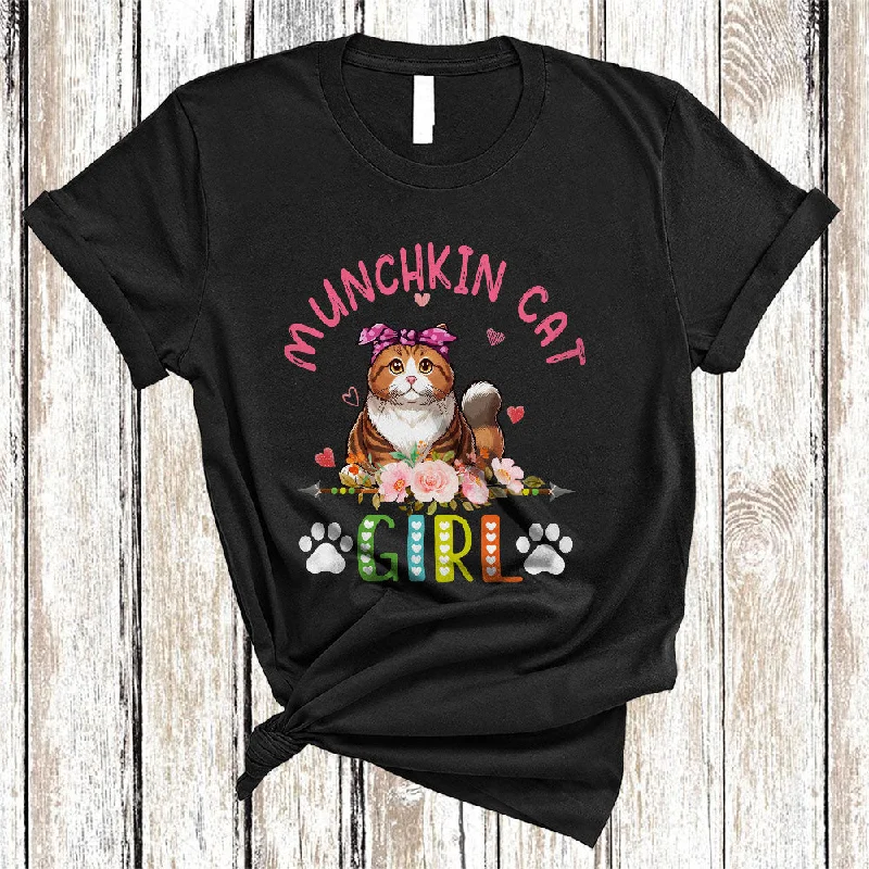 Munchkin Cat Girl, Amazing Floral Kitten Lover Hearts Flowers, Matching Girls Women Family T-Shirt Zippered Buttoned Snapped
