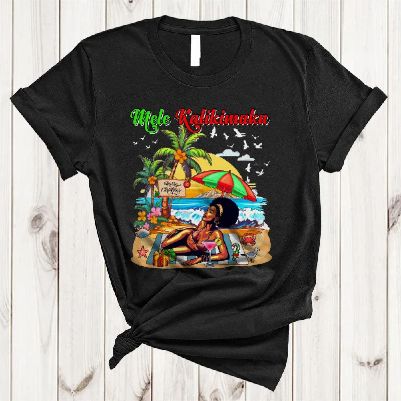 Mele Kalikimaka, Wonderful Christmas Black Afro Women Drinking, Beach Summer Hawaiian T-Shirt Striped Floral Plaid