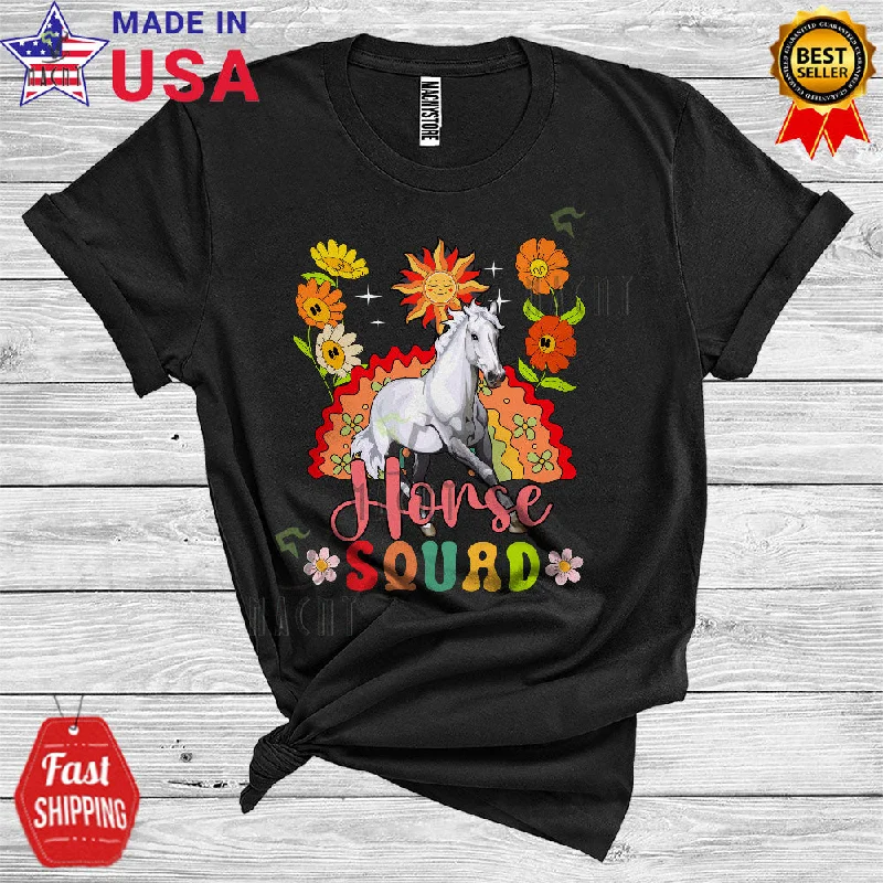 Horse Squad Funny Farmer Women Girl Floral Rainbow Animal Lover T-Shirt Basic T-Shirt Crew Neck Short Sleeve