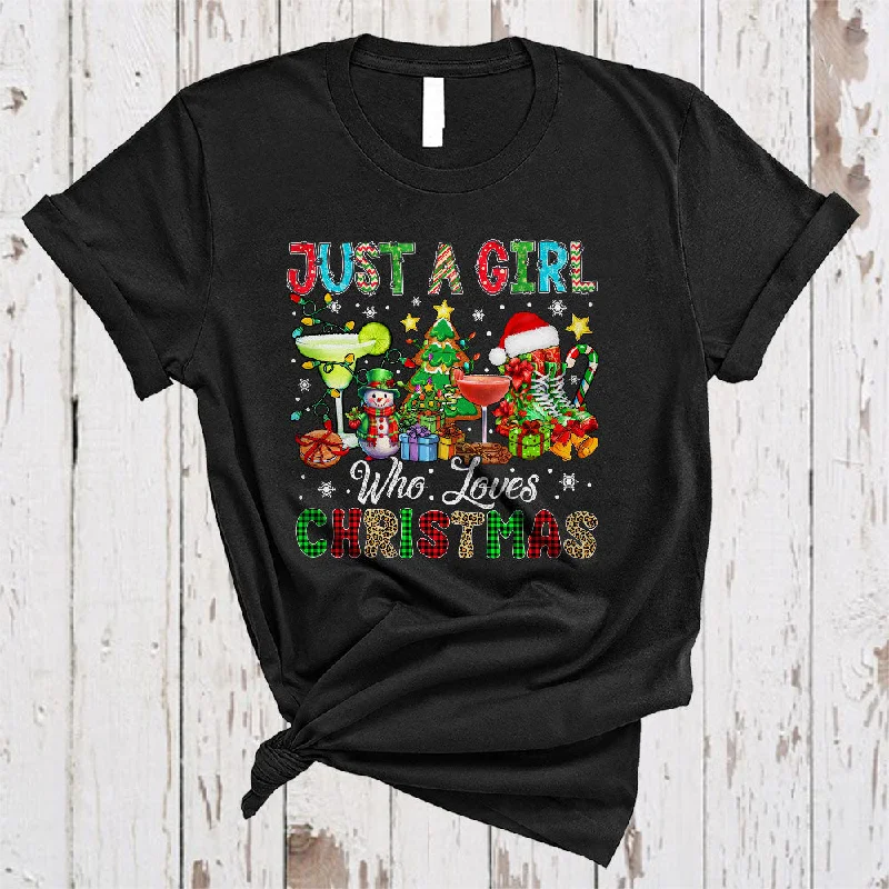 Just A Girl Who Loves Christmas, Colorful X-mas Tree Snowman Cocktail, Girls Women Family Group T-Shirt Hooded Caped Shawl Collar