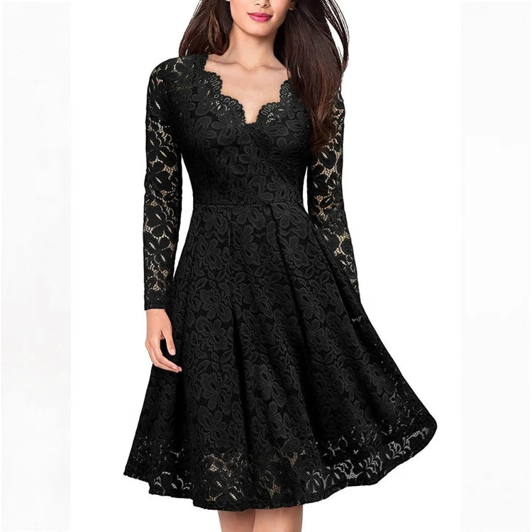 مجموعة اروين ARWEN & AJH GROUP Color Women's Sexy Lace V-neck Temperament Ladies Dresses Breathable Long Sleeve Knee-length Party Dress With Zipper Tunics Fleece cozy