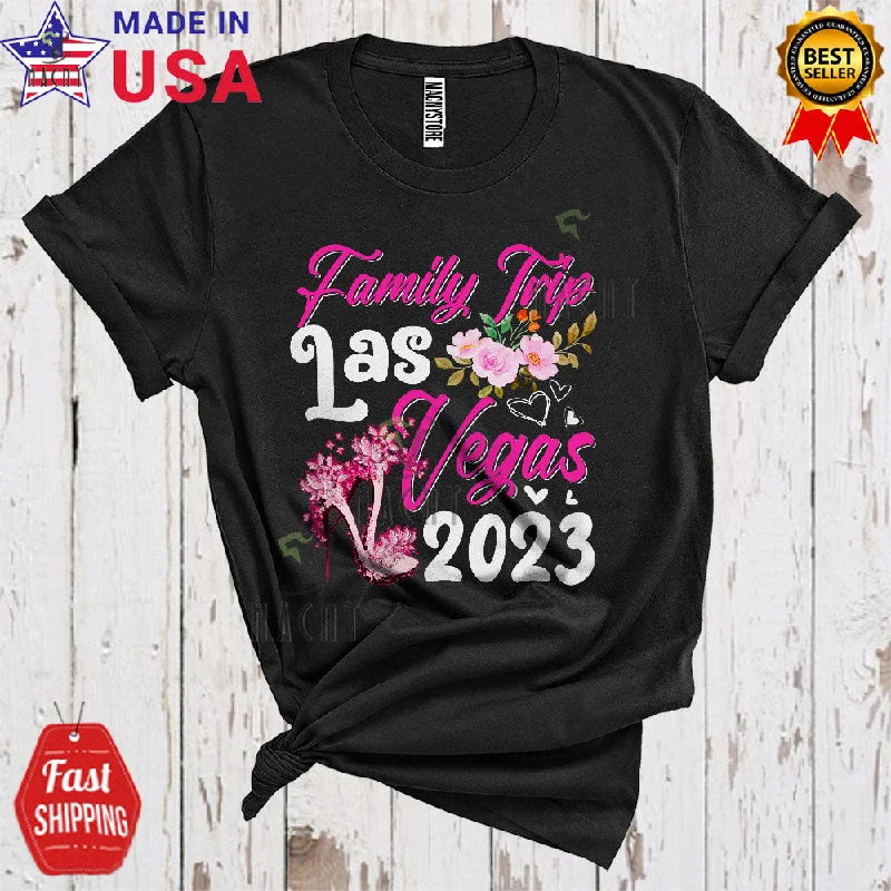 Family Trip Las Vegas 2023 Cool Cute Vacation Women Squad High Heels Flowers T-Shirt Rayon Velvet Corduroy