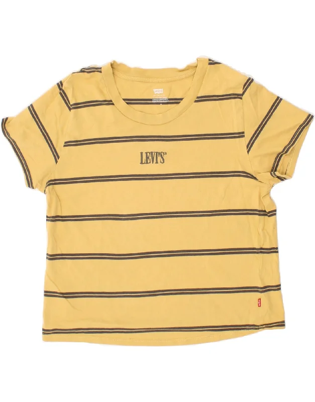 LEVI'S Womens Crop Graphic T-Shirt Top UK 12 Medium Yellow Striped Cotton Collared Crew Neck Turtle Neck