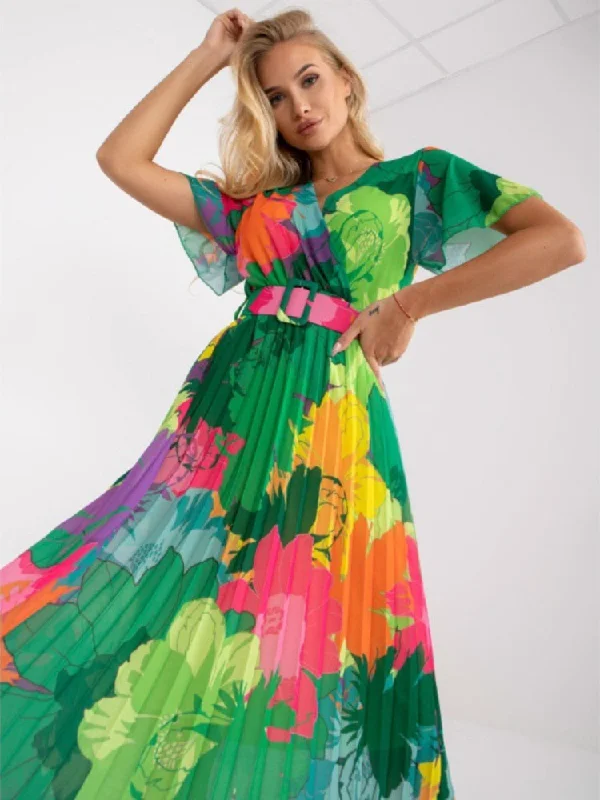 Wjczt Women's Summer Dress New Summer V-neck Dress Women's Printed High Waist Pleated Skirt Fashion Holiday Party Dress Dresses Robe Tunics Spring floral