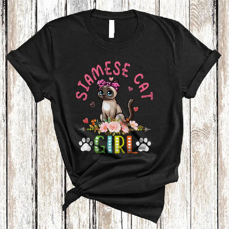 Siamese Cat Girl, Amazing Floral Kitten Lover Hearts Flowers, Matching Girls Women Family T-Shirt Boxy Fit Fitted Loose