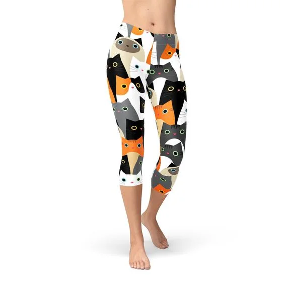 Women's All Over Cats Capri Leggings Fashionable Sports Leggings