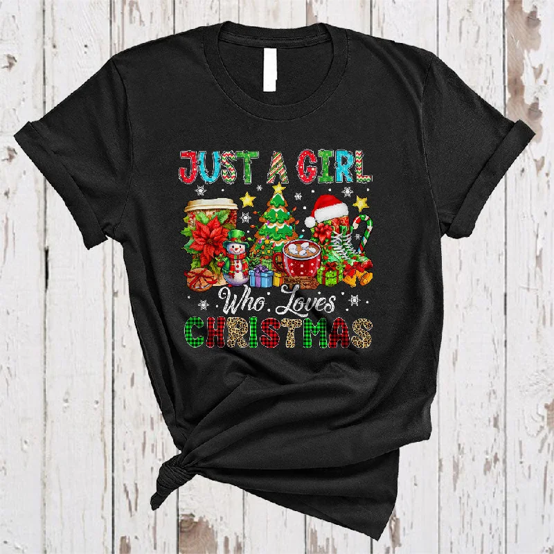 Just A Girl Who Loves Christmas, Colorful X-mas Tree Snowman Hot Coffee, Girls Women Family Group T-Shirt Houndstooth Herringbone Solid