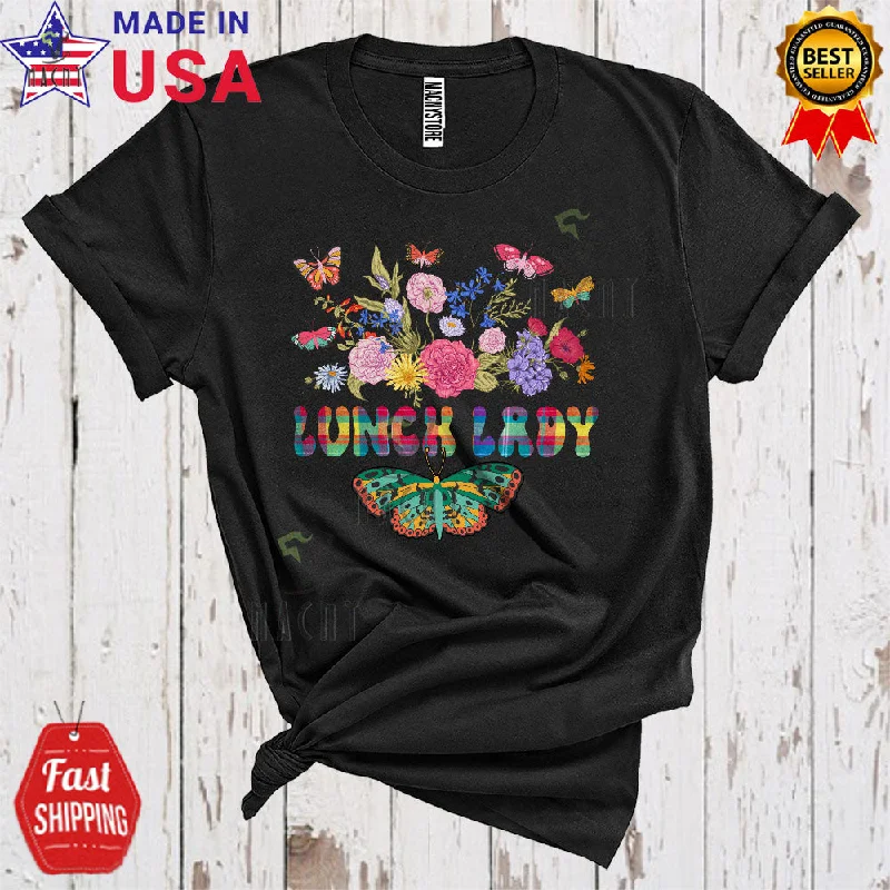 Lunch Lady Cute Cool Plaid Colorful Butterfly Blooming Flowers Matching Women Group T-Shirt Fleece Nylon Spandex