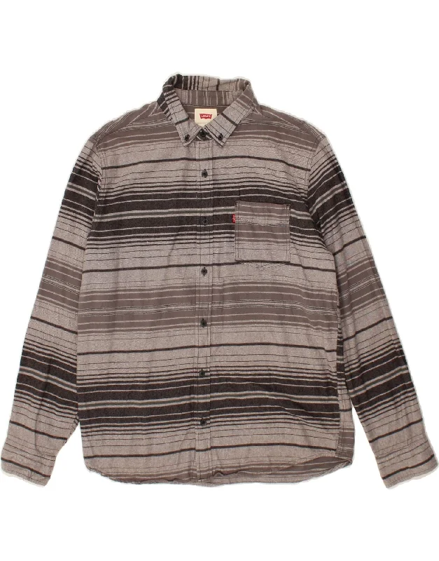 LEVI'S Mens Flannel Shirt Large Grey Striped Cotton Iron Safe Non-Iron Wrinkle Free