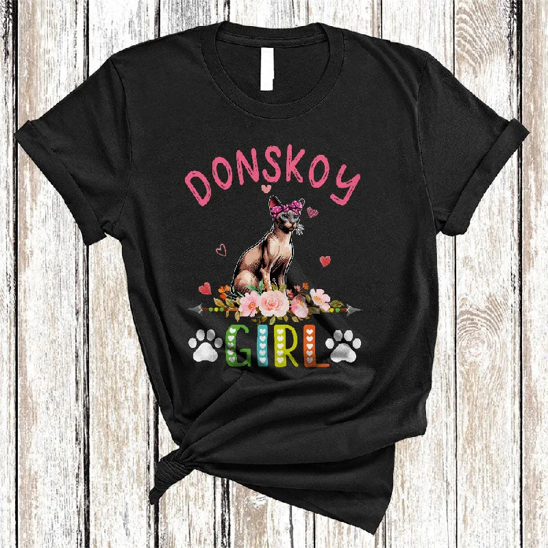 Donskoy Girl, Amazing Floral Kitten Lover Hearts Flowers, Matching Girls Women Family T-Shirt Rayon Velvet Corduroy
