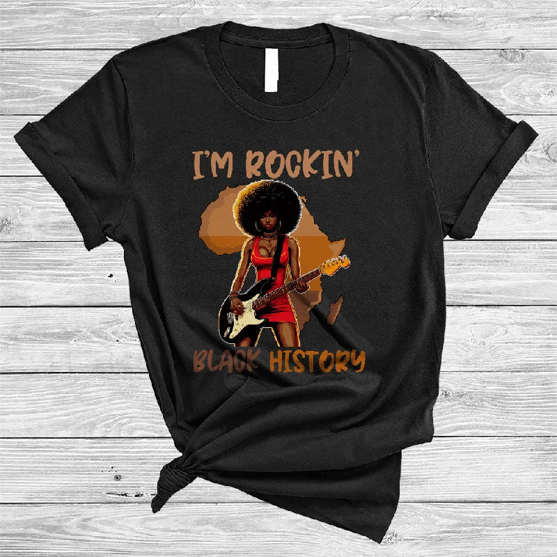 I'm Rockin' Black History, Awesome Black History Month Afro Women Playing Guitar, Guitarist Group T-Shirt Spandex Blend Rayon Blend Denim Blend