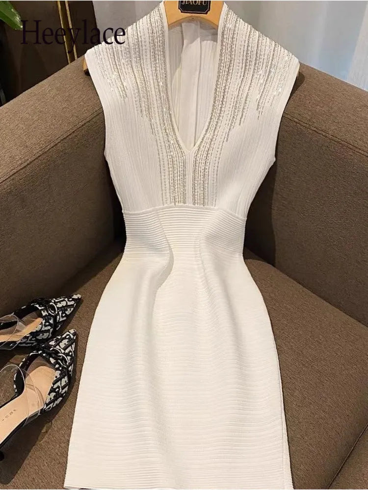 ARWEN & AJH GROUP Summer Dress For Women Diamonds Sexy Club Style V-neck Sleeveless Elegant Dresses Elastic High Waist Party Dress Women Clothing Tunics Trousers formal