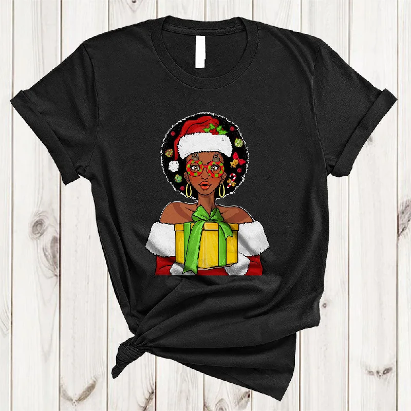 African American Santa Claus Sunglasses, Humorous Christmas Santa Women, Pride Black Afro T-Shirt Notch Collar Peter Pan Collar Cowl Neck