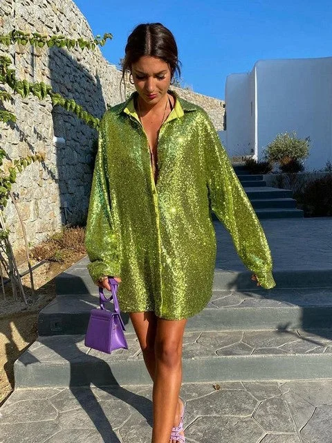 Women Mini V Neck Green Sequins Party Dresses Shirt Long Sleeve Cowl Neckline Elegant