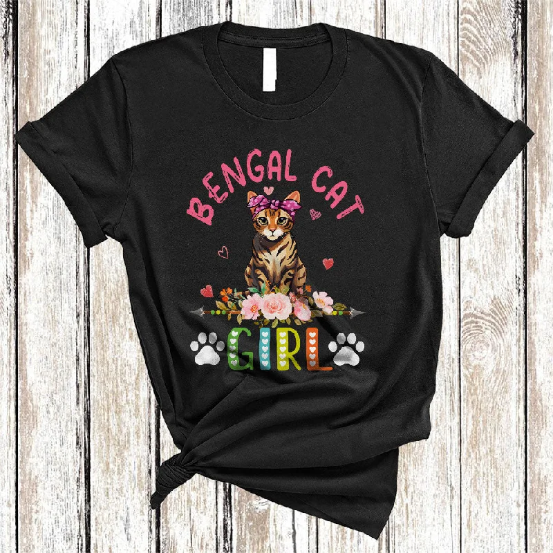Bengal Cat Girl, Amazing Floral Kitten Lover Hearts Flowers, Matching Girls Women Family T-Shirt Cozy Warm Stylish