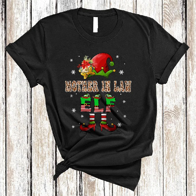 Mother In Law ELF, Funny Leopard Christmas ELF Women, Matching Family Pajamas X-mas Group T-Shirt Mesh Fabric Canvas Fabric Denim Fabric