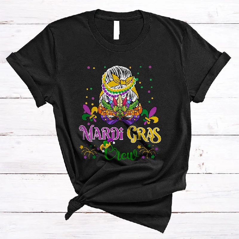 Mardi Gras Crew, Wonderful Mardi Gras Mask Beads Messy Bun Hair, Women Matching Parade Group T-Shirt Terry Blend Velvet Blend Canvas Blend