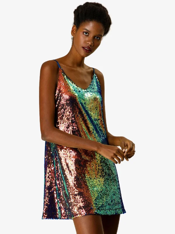 Glitter V Neck Spaghetti Strap Clubwear Mini Party Dress Off-the-shoulder Bohemian Festive