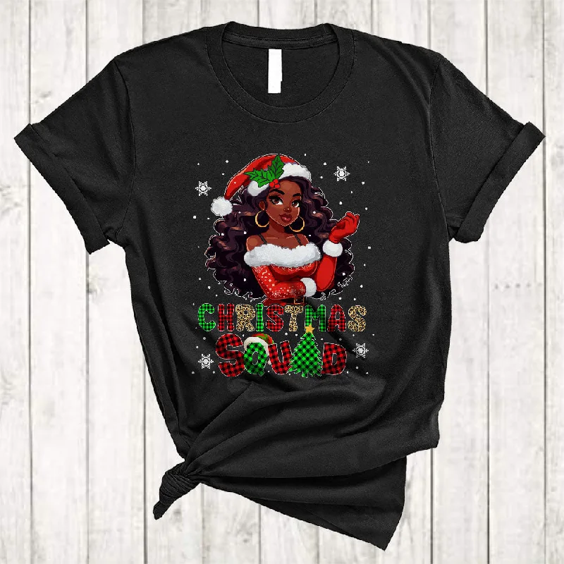 Christmas Squad, Adorable Christmas Plaid Black Women African American Santa, X-mas Group T-Shirt Print Jacquard Patchwork