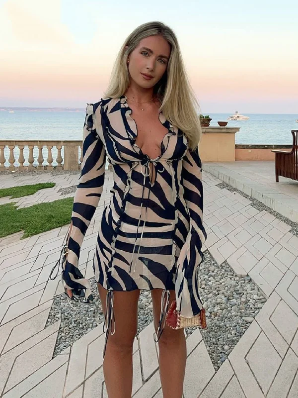 2023 Print Long Sleeve Mini Summer Beach Dress Ruffles Mesh Sexy Party Dresses Bodycon Bandage See Through 90s Club Shift Classic Vintage