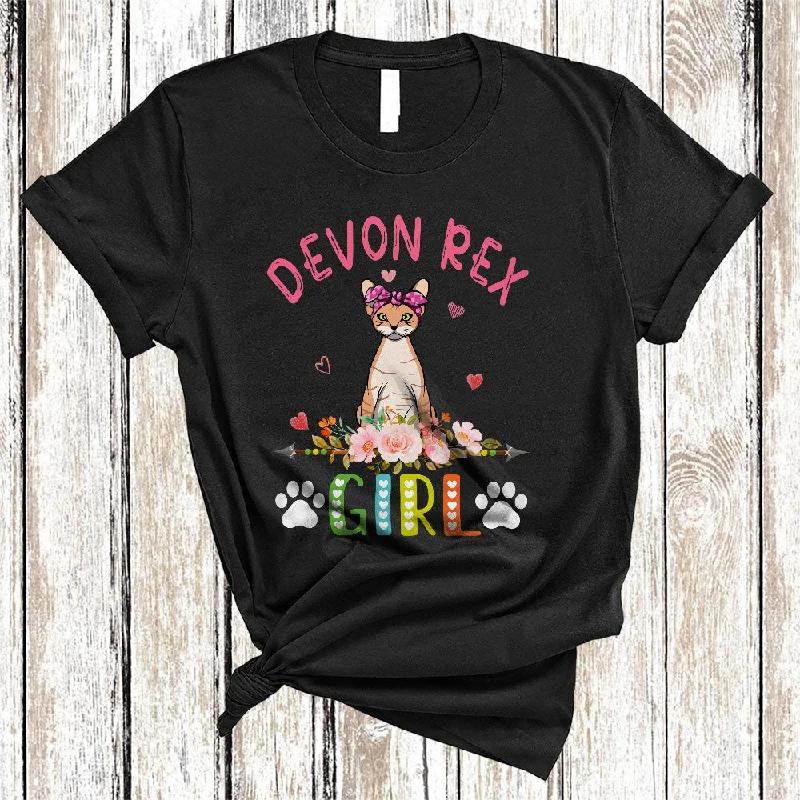 Devon Rex Girl, Amazing Floral Kitten Lover Hearts Flowers, Matching Girls Women Family T-Shirt Chenille Brocade Lace