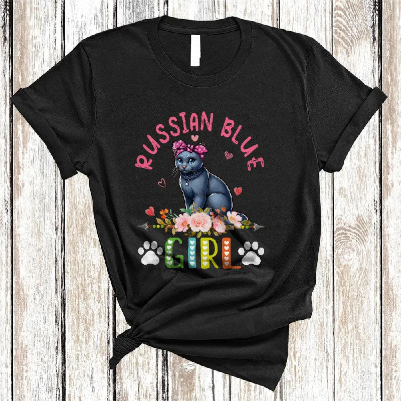 Russian Blue Girl, Amazing Floral Kitten Lover Hearts Flowers, Matching Girls Women Family T-Shirt Casual Formal Business