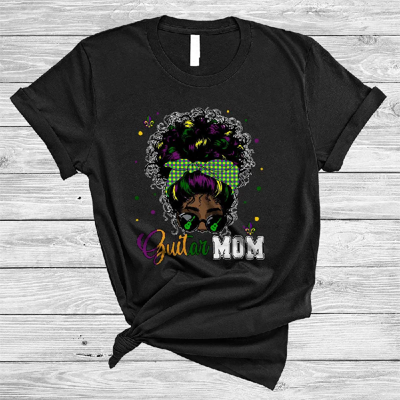 Guitar Mom, Cool Mardi Gras Messy Afro Bun Hair Women, Black African Musical Instruments T-Shirt Elasticated Padded Insulated