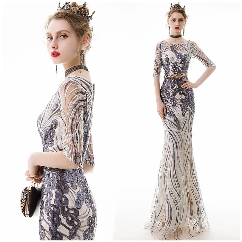 Crystal sleeves Evening Dresses  New Evening Party Dress Mermaid Long Prom Dress Appliques Party drop shipping fulfill Tunics Distressed trendy