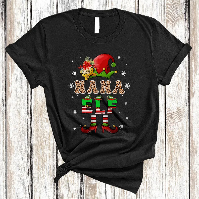 Nana ELF, Funny Leopard Christmas ELF Women, Matching Family Pajamas X-mas Group T-Shirt Jersey Fabric Tulle Fabric Batik Fabric