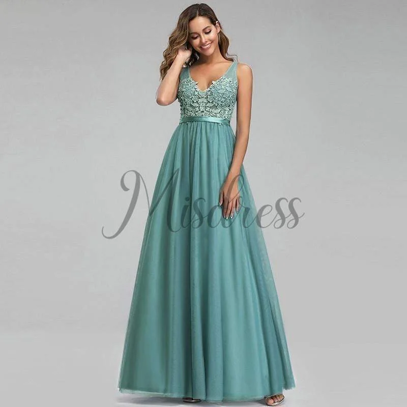 A-line V Neck Lace Tulle Floor Length Evening Prom Wedding Party Dress Tunics Fashionable trendy