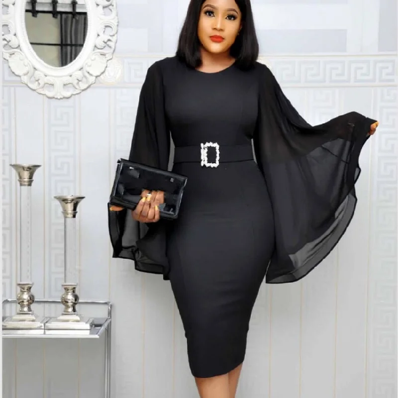 Black Elegant Party Dress Women 2019 Black Office Fashion Chiffon Flare Long Sleeve Sexy Bodycon Belt Ladies Autumn Midi Dresses Tunics Bridal satin
