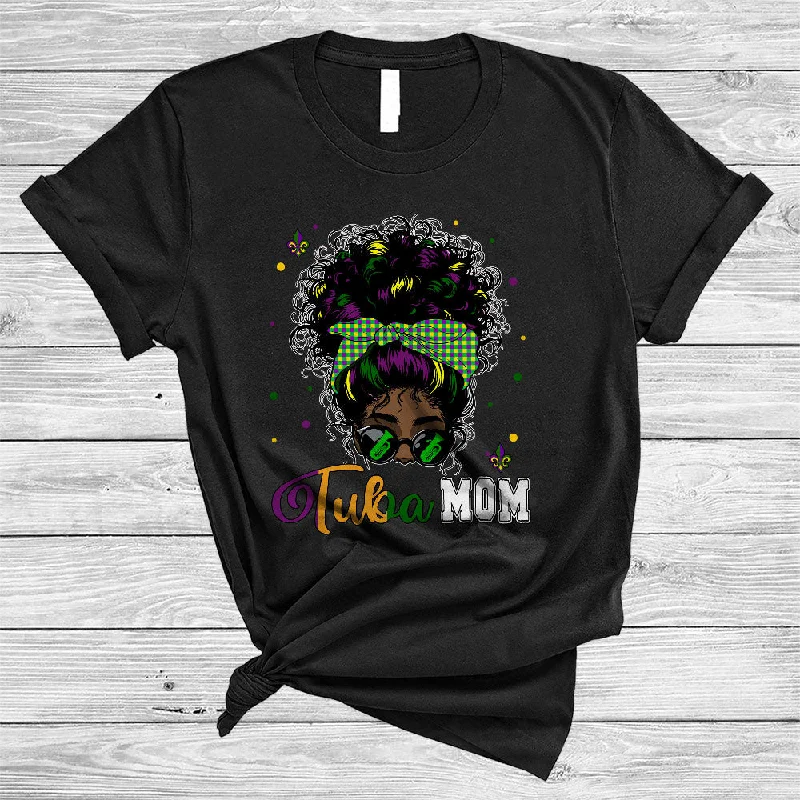 Tuba Mom, Cool Mardi Gras Messy Afro Bun Hair Women, Black African Musical Instruments T-Shirt Asymmetrical Pockets Print
