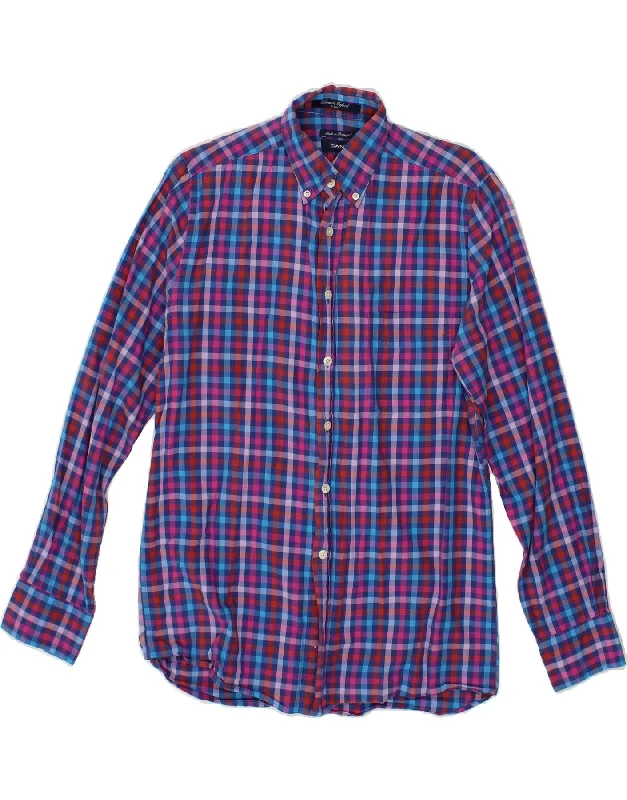 GANT Mens E-Z Fit Shirt Small Blue Check Cotton Fitted T-Shirt Seamless Stretchy