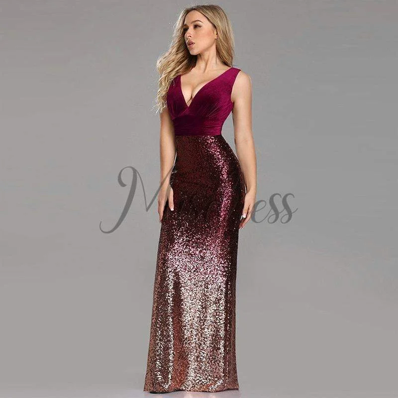 Flare Sexy V Neck Velvet Ombre Sequin Floor Length Evening Prom Party Dress Tunics Modern contemporary